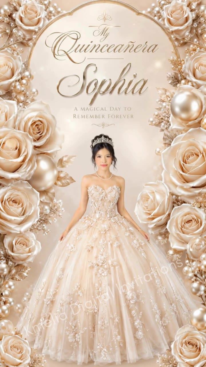 Invitación digital luxury champagne y perlas para quinceañera Q107 de Kmelia