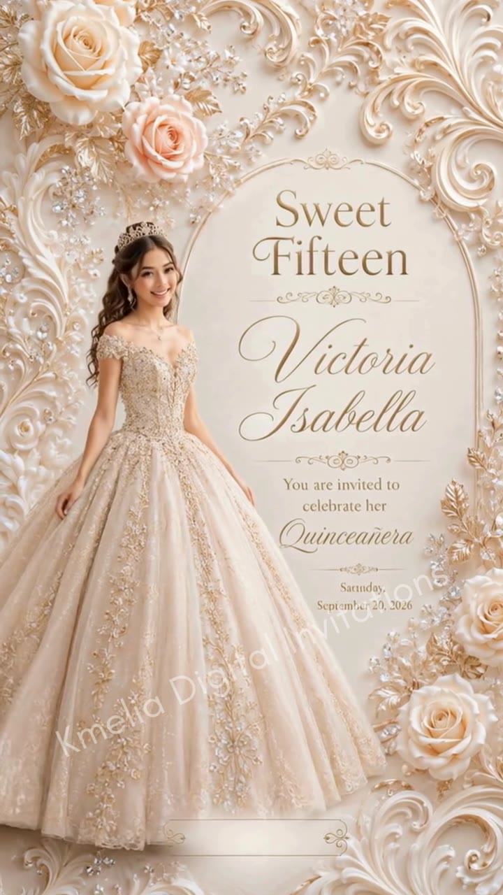 Invitación digital luxury champagne floral para quinceañera Q108 de Kmelia