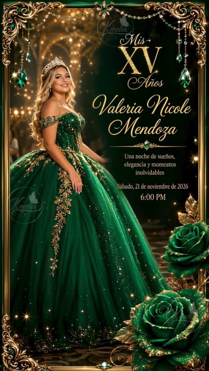 Invitación digital luxury verde esmeralda y dorado para quinceañera Q114 de Kmelia