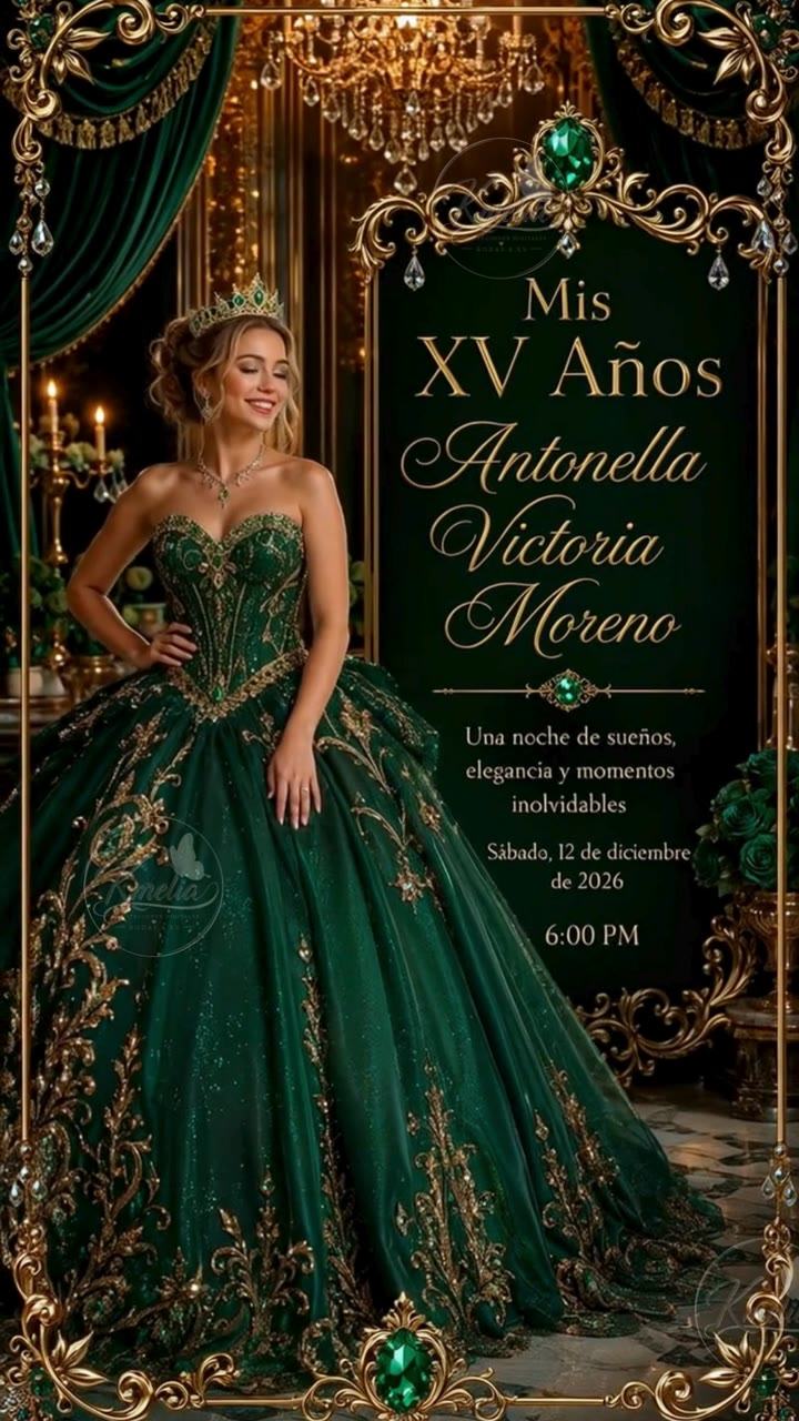 Invitación digital luxury verde esmeralda royal para quinceañera Q115 de Kmelia
