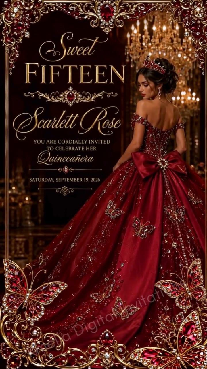 Invitación digital luxury burgundy con cristales para quinceañera Q116 de Kmelia
