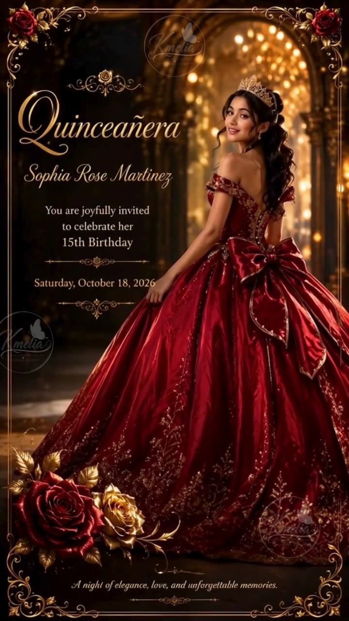 Invitación digital luxury burgundy y dorado para quinceañera Q117 de Kmelia