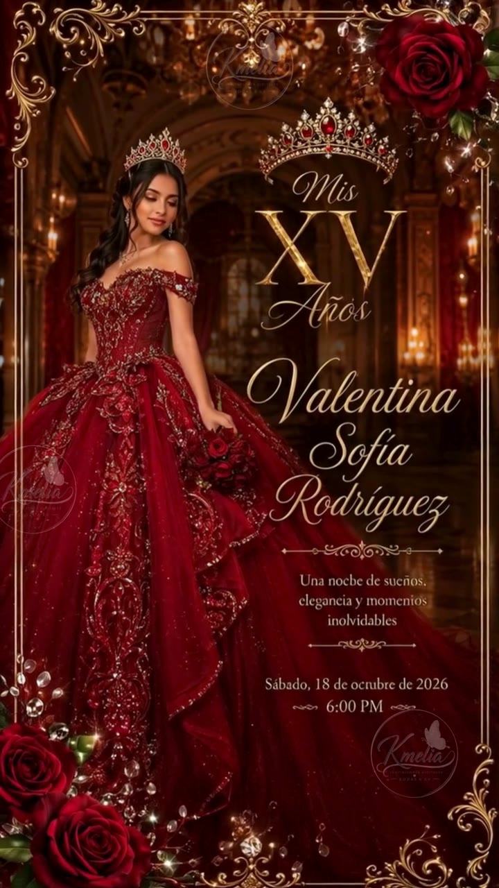Invitación digital luxury ruby rose para quinceañera Q118 de Kmelia