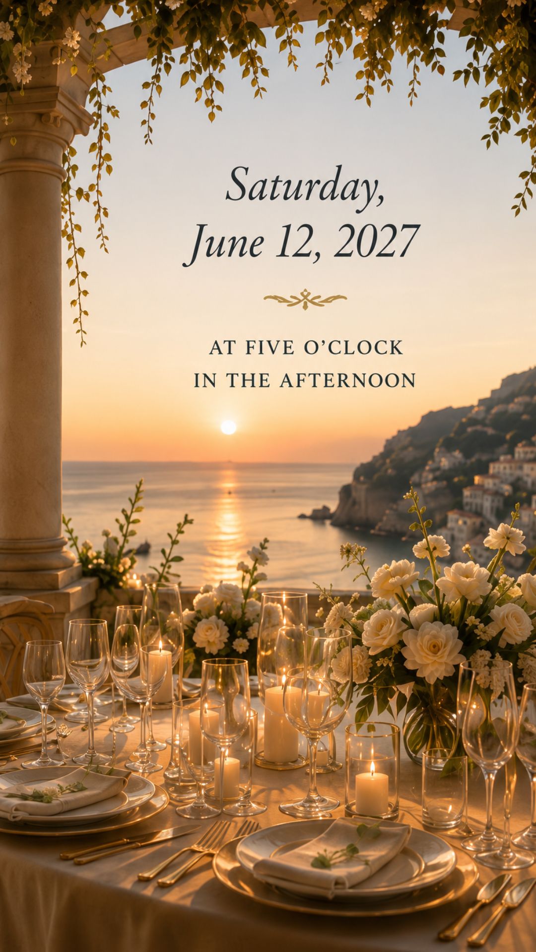 Wedding date: Saturday, June 12, 2027 at five o'clock in the afternoon